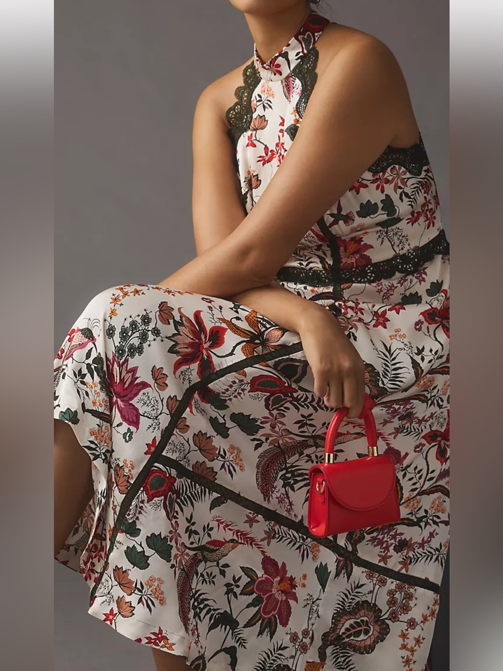 Anthropologie Floral Halter Midi Dress with Red Accents Sz 16W